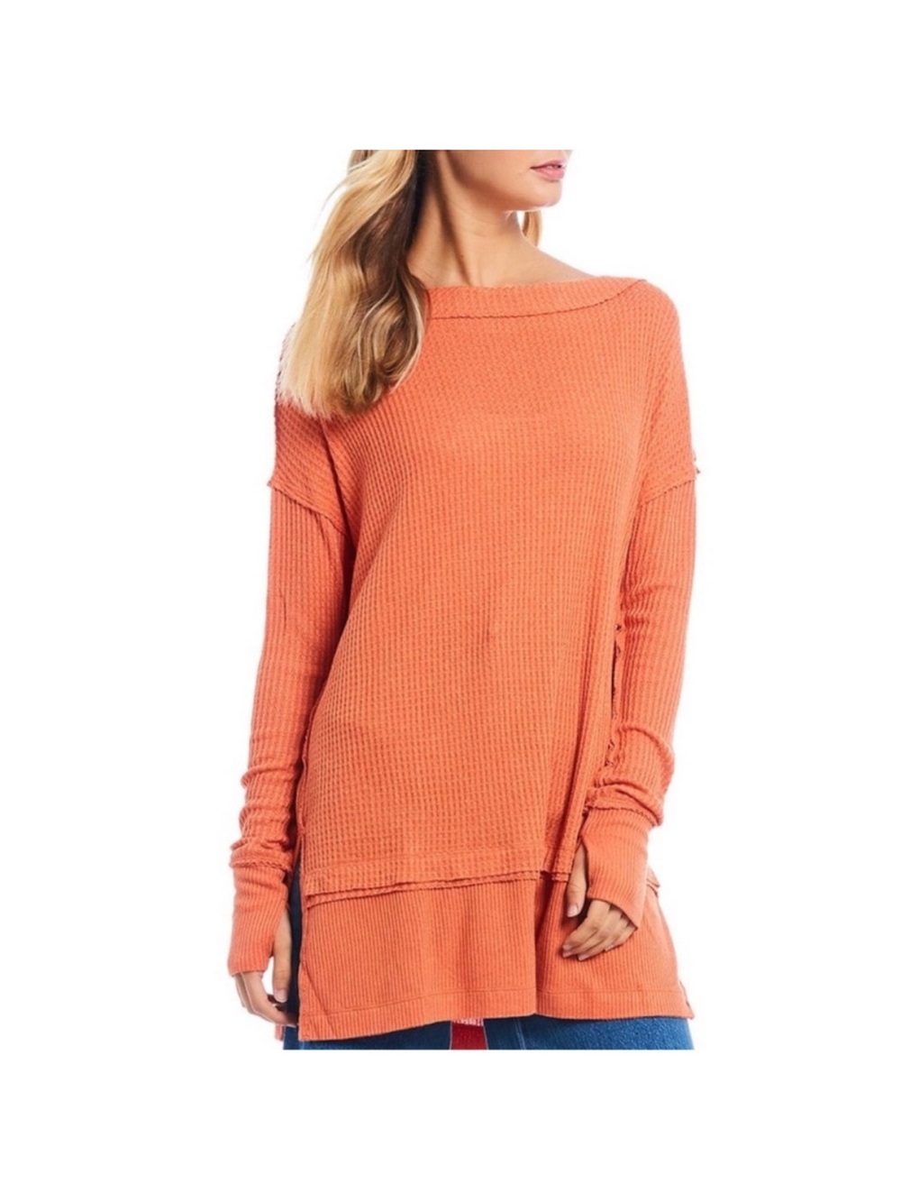 Free People We The Free The North Shore orange Waffle-Knit Tunic top medium